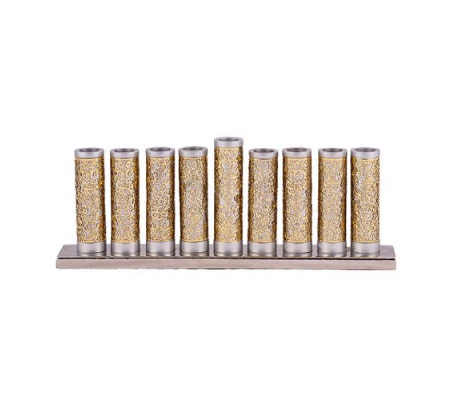 Yair Emanuel Hanukkah Menorah, Cylinders with Pomegranate Cutouts - Gold