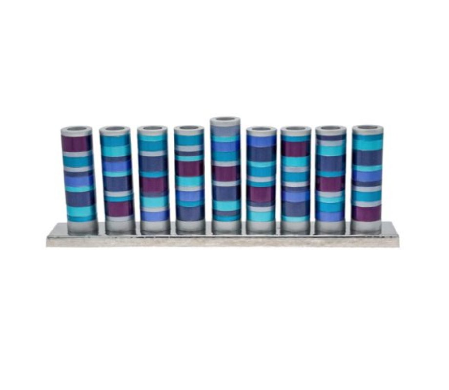 Yair Emanuel Hanukkah Menorah, Cylinders with Rings – Blue