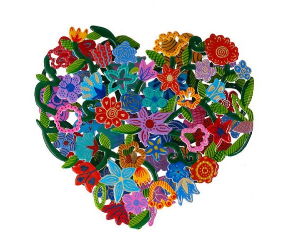 Yair Emanuel Heart Shape Wall Hanging - Double Layer Cutout Colorful Flowers