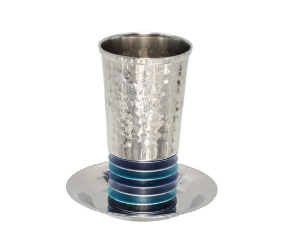 Yair Emanuel Kiddush Cup Set, Hammered Stainless Steel with Stacked Discs – Blue