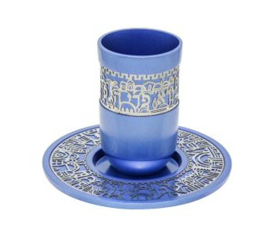 Yair Emanuel Kiddush Cup and Plate, Jerusalem Images with Blessing Words – Blue