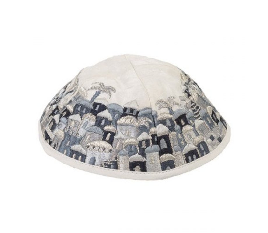 Yair Emanuel Kippah - Embroidered Jerusalem Vistas - Black and Gray