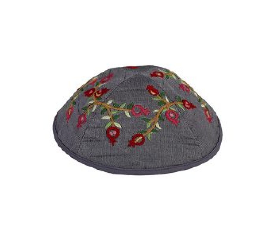 Yair Emanuel Kippah – Embroidered Red Pomegranates on Gray