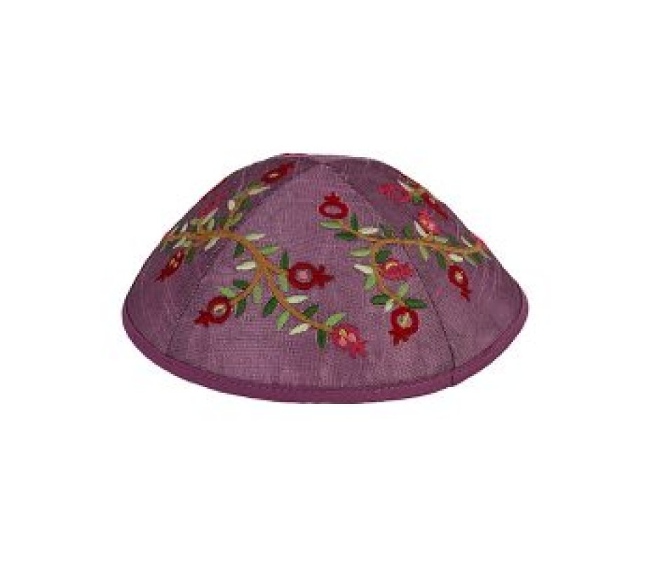 Yair Emanuel Kippah – Embroidered Red Pomegranates on Purple