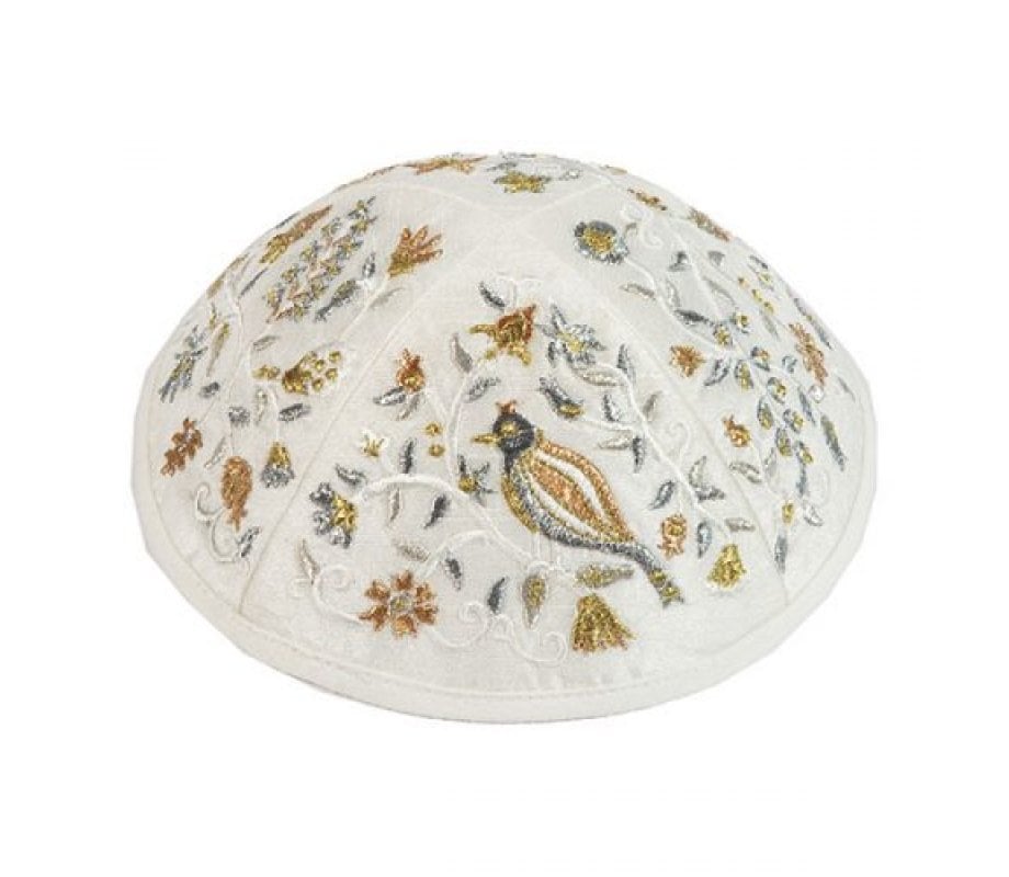 Yair Emanuel Kippah, Embroidered Birds and Flowers - Gold and Silver ...