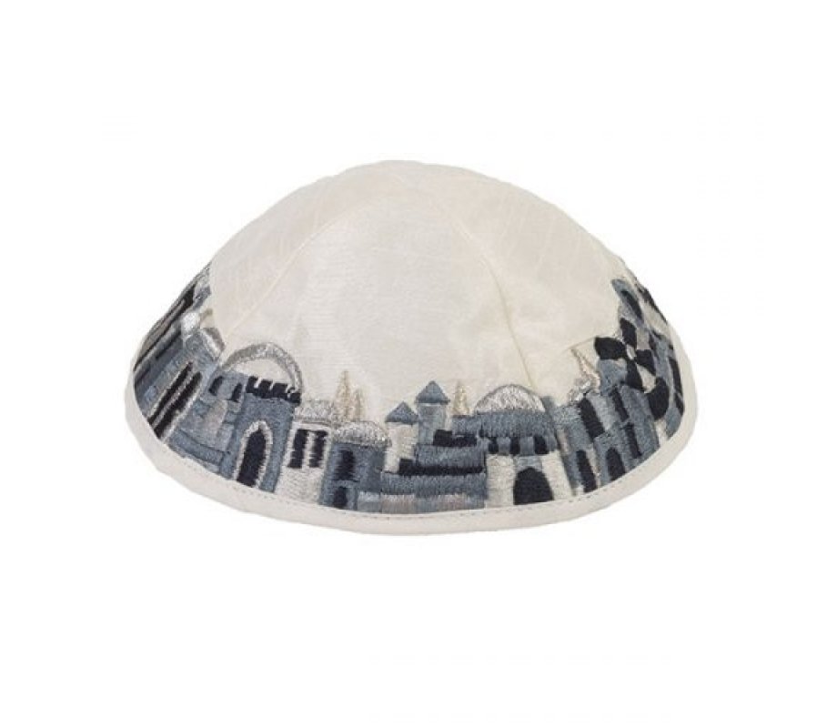 Yair Emanuel Kippah, Embroidered Black and Gray Jerusalem Images - White