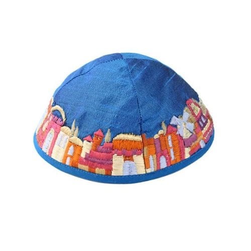 Yair Emanuel Kippah, Embroidered Colorful Jerusalem Images - Blue