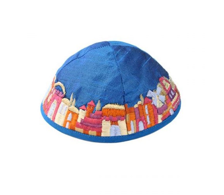 Yair Emanuel Kippah, Embroidered Colorful Jerusalem Images - Blue