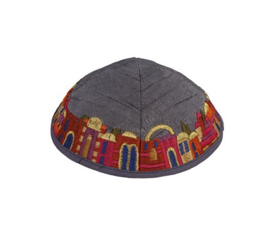 Yair Emanuel Kippah, Embroidered Colorful Jerusalem Images - Gray