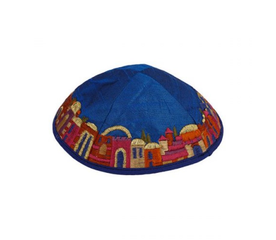 Yair Emanuel Kippah, Embroidered Colorful Jerusalem Images - Royal Blue