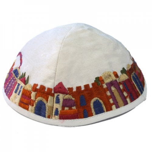 Yair Emanuel Kippah, Embroidered Colorful Jerusalem Images - White