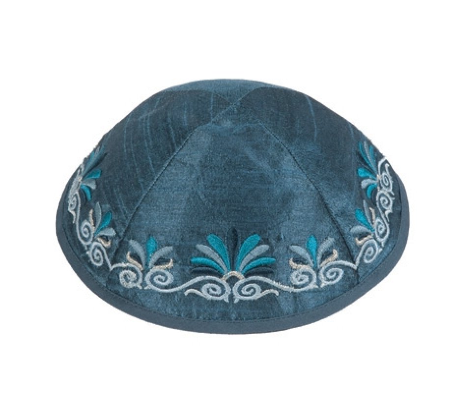 Yair Emanuel Kippah, Embroidered Date Palm Design - Blue