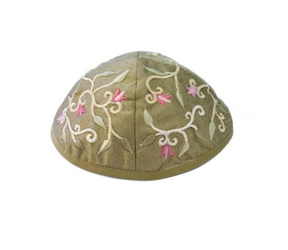 Yair Emanuel Kippah, Embroidered Flowers and Leaves – Gold