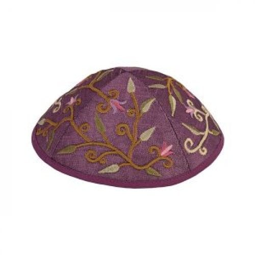 Yair Emanuel Kippah, Embroidered Flowers and Leaves - Purple