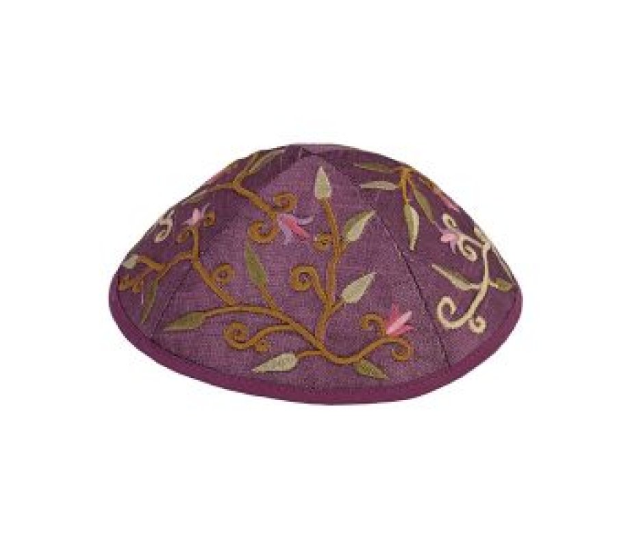 Yair Emanuel Kippah, Embroidered Flowers and Leaves - Purple