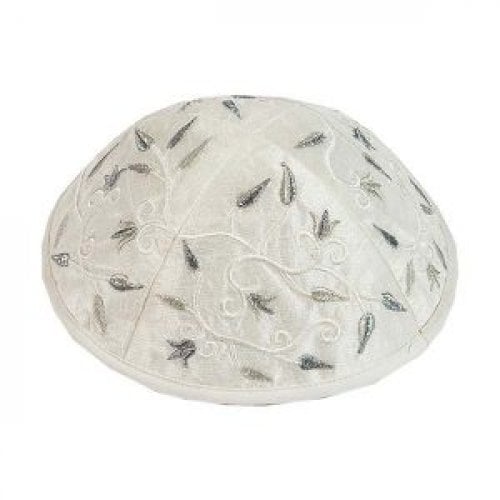 Yair Emanuel Kippah, Embroidered Flowers and Leaves - Silver
