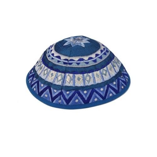 Yair Emanuel Kippah, Embroidered Geometric Designs - Blue