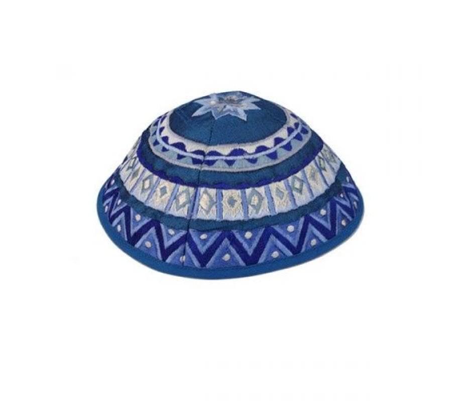 Yair Emanuel Kippah, Embroidered Geometric Designs - Blue