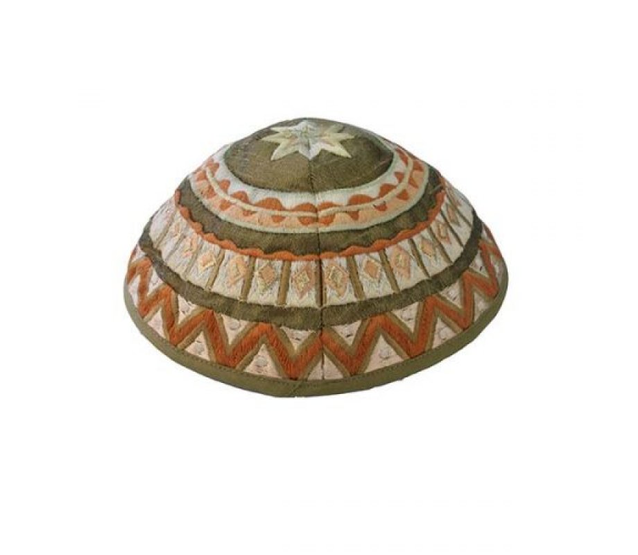 Yair Emanuel Kippah, Embroidered Geometric Designs - Brown and Green