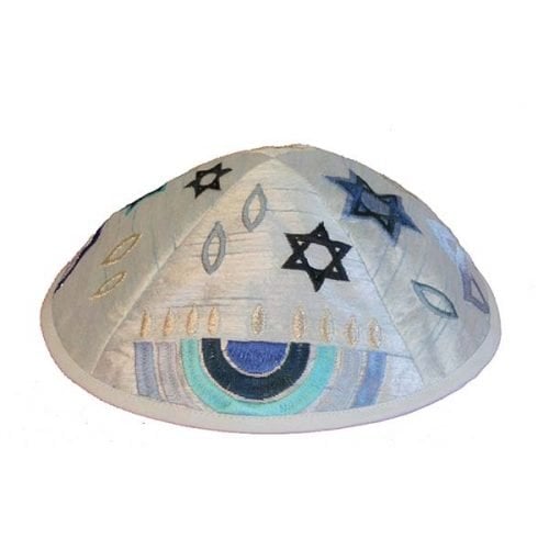 Yair Emanuel Kippah, Embroidered Hannukia, Star of David and Flame - Blue