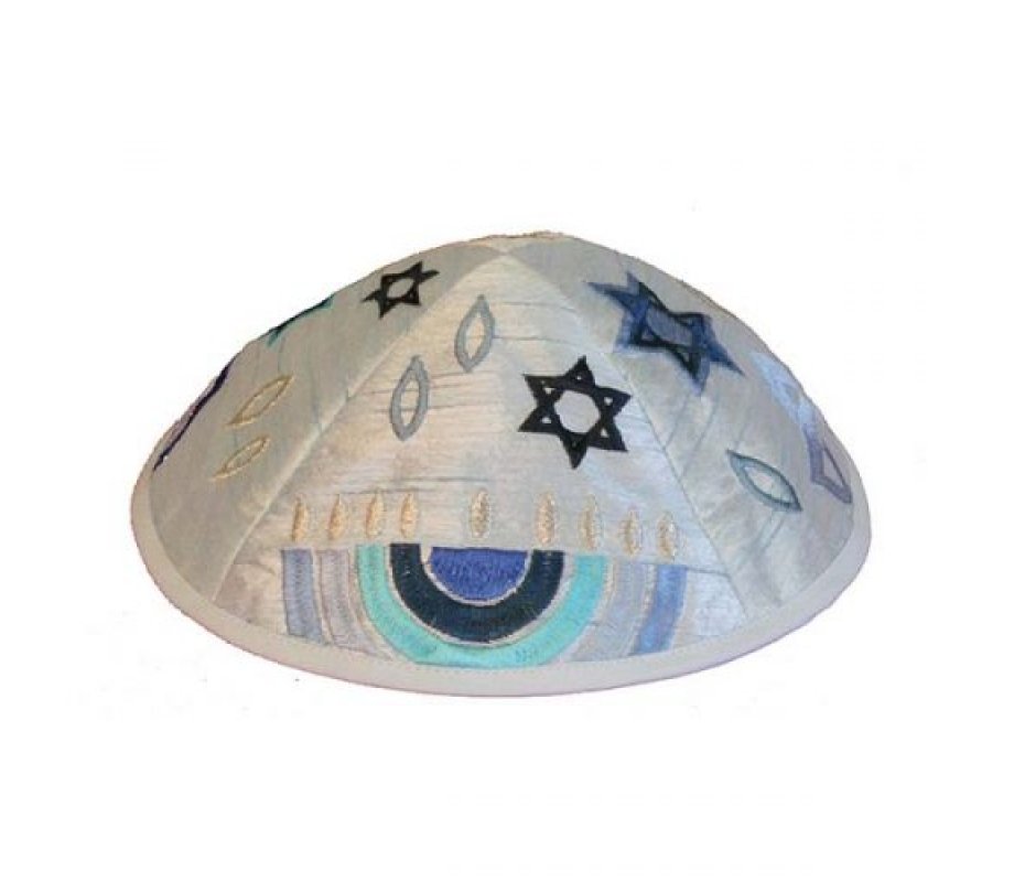 Yair Emanuel Kippah, Embroidered Hannukia, Star of David and Flame - Blue