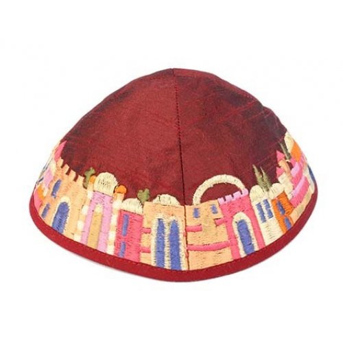 Yair Emanuel Kippah, Maroon with Embroidered Colorful Jerusalem Images