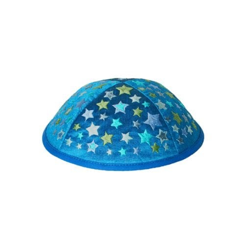 Yair Emanuel Kippah for Children  Embroidered Colored Stars on Blue