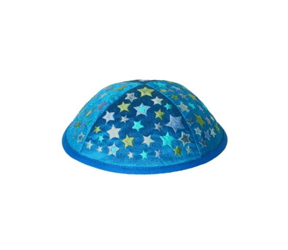 Yair Emanuel Kippah for Children – Embroidered Colored Stars on Blue