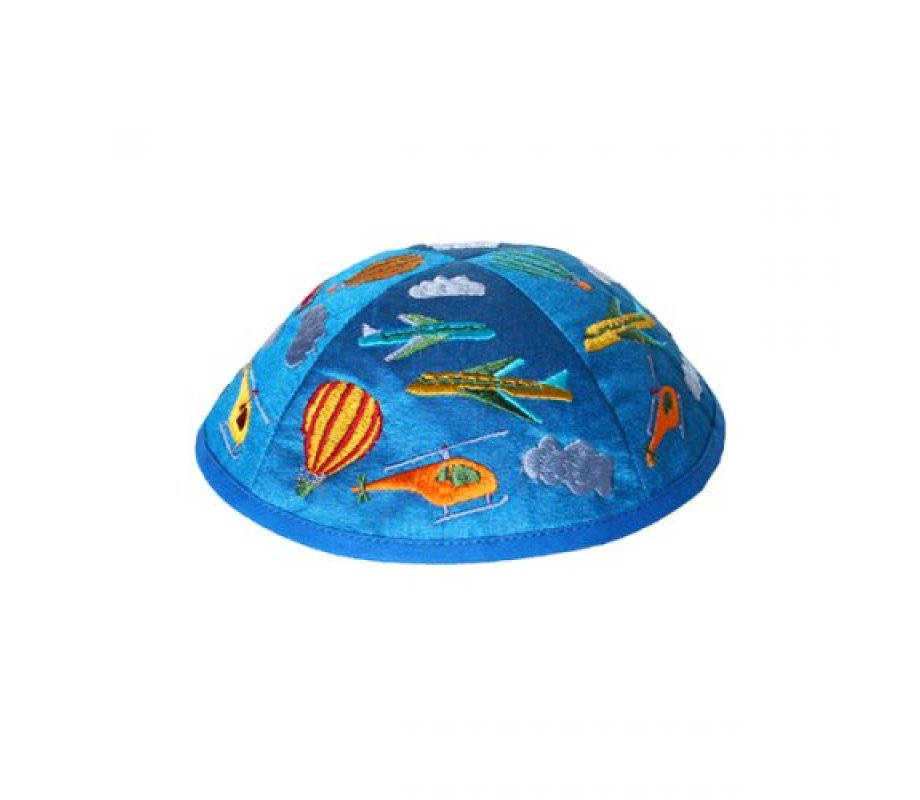 Yair Emanuel Kippah for Children – Embroidered Airplanes on Blue