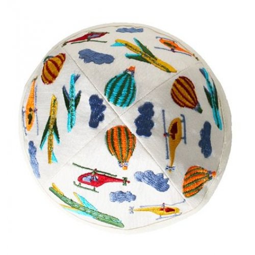 Yair Emanuel Kippah for Children  Embroidered Airplanes on White