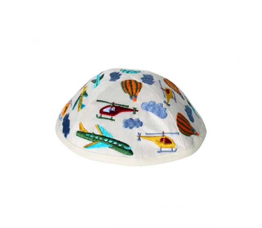 Yair Emanuel Kippah for Children – Embroidered Airplanes on White