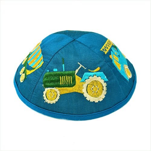 Yair Emanuel Kippah for Children  Embroidered Colored Trucks on Blue