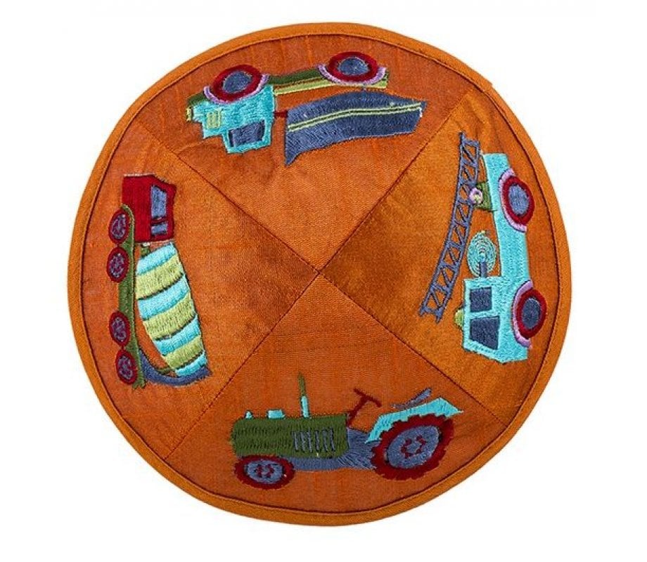 Yair Emanuel Kippah for Children – Embroidered Colored Trucks on Orange