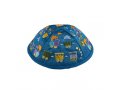 Yair Emanuel Kippah for Children – Embroidered Colorful Trains on Blue