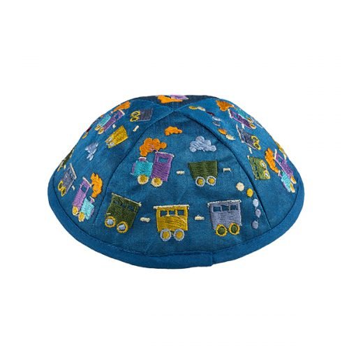 Yair Emanuel Kippah for Children – Embroidered Colorful Trains on Blue