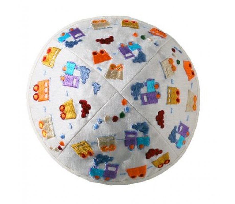 Yair Emanuel Kippah for Children  Embroidered Colorful Trains on White