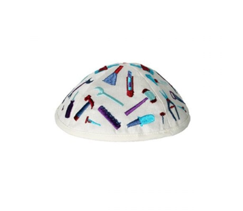 Yair Emanuel Kippah for Children – Embroidered Tools on White