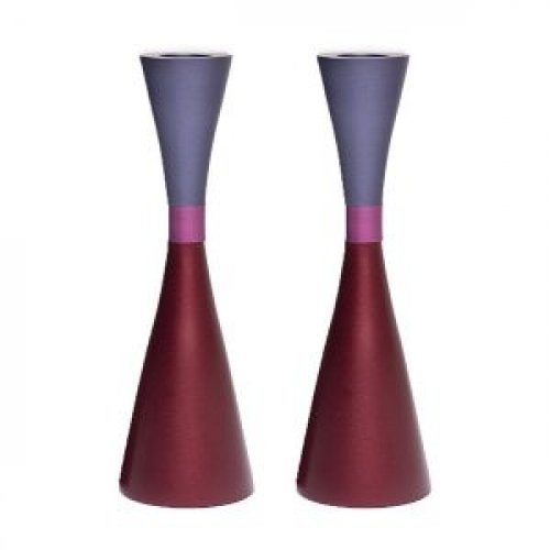 Yair Emanuel Large Cone Shaped Candlesticks with Band - Two Tone Maroon and Purple