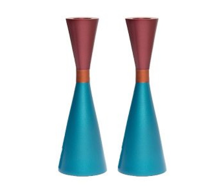 Yair Emanuel Large Cone Shaped Candlesticks with Band - Two Tone Turquoise and Red