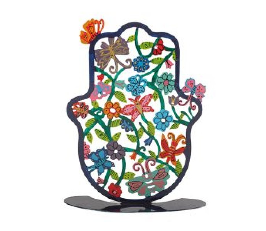 Yair Emanuel Large Hand Painted Hamsa on Stand - Flowers and Butterflies