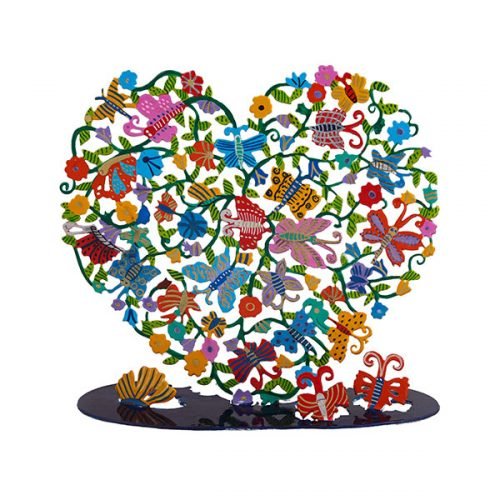 Yair Emanuel Large Hand Painted Heart on Stand - Colored Butterflies and Flowers