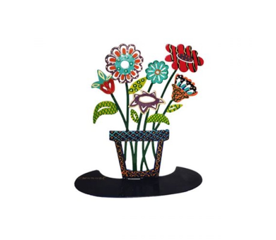 Yair Emanuel Large Hand Painted Sculpture on Base – Vase with Colorful Flowers