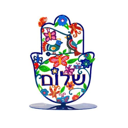 Yair Emanuel Large Hand Painted Standing Hamsa, Spring Scene  Shalom in Hebrew