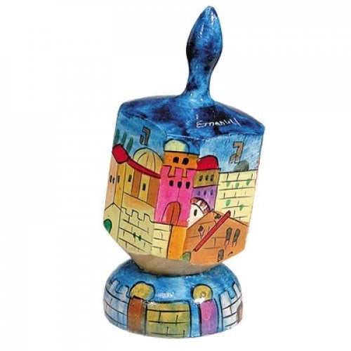 Yair Emanuel Large Hand Painted Wood Dreidel on Stand - Colorful Jerusalem