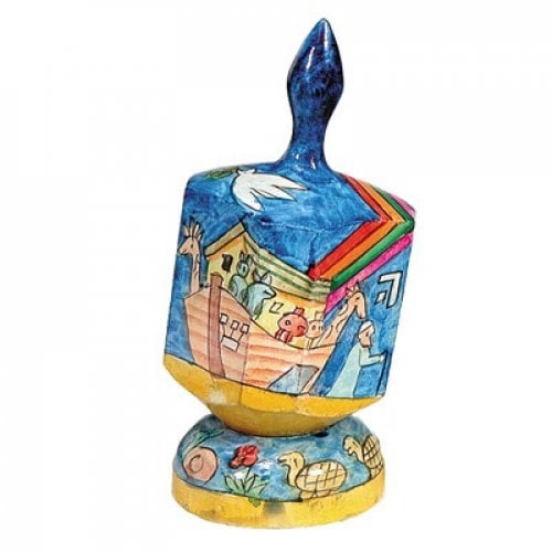 Yair Emanuel Large Hand Painted Wood Dreidel on Stand - Noah's Ark Images