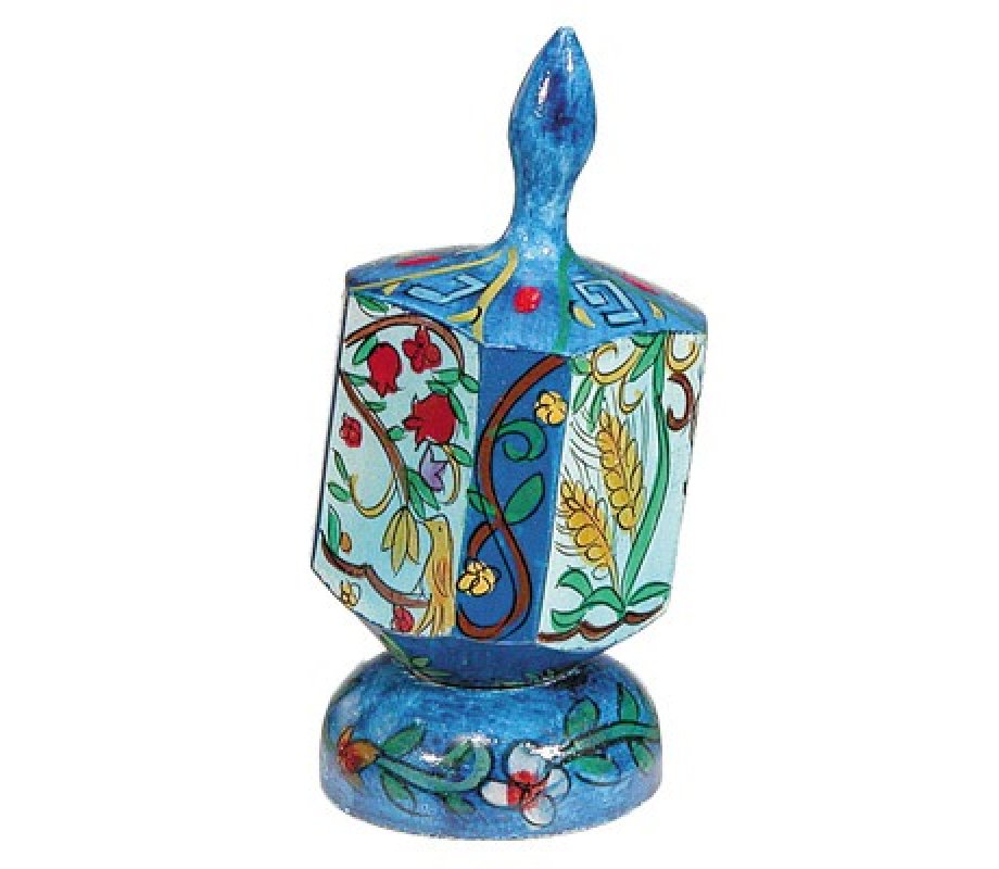 Yair Emanuel Large Hand Painted Wood Dreidel on Stand - Seven Species