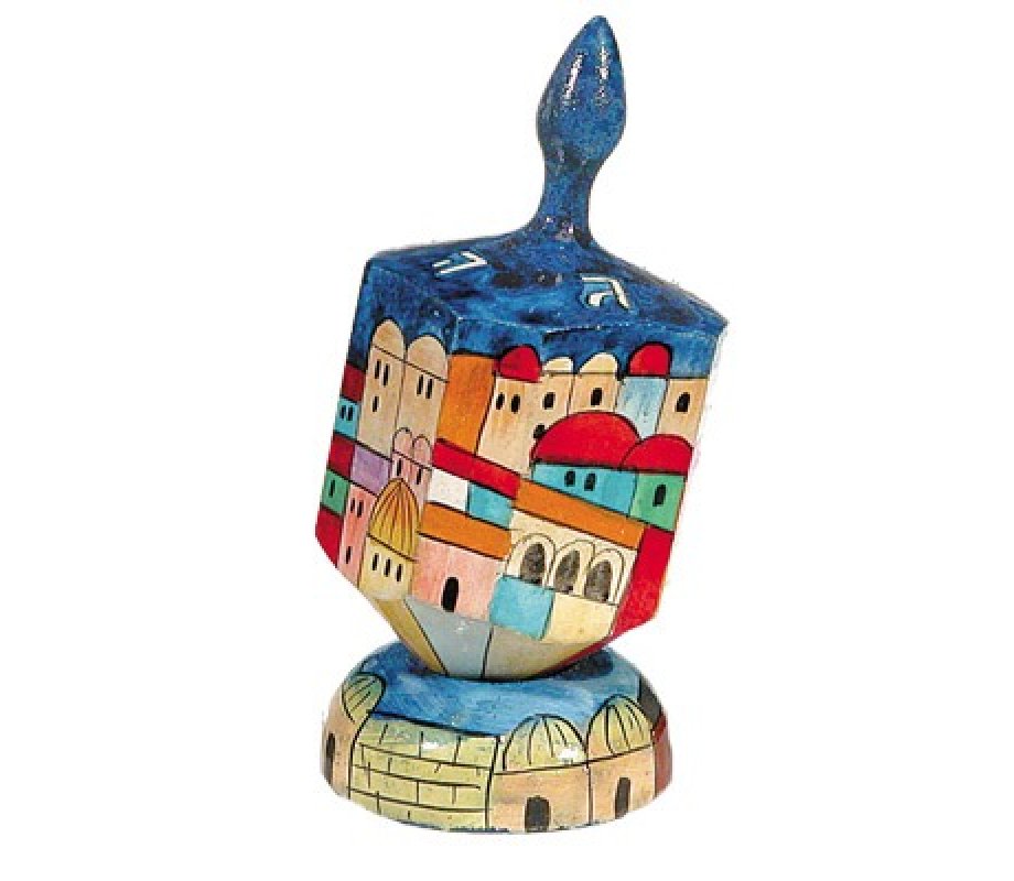 Yair Emanuel Large Hand Painted Wood Dreidel with Stand - Jerusalem Views