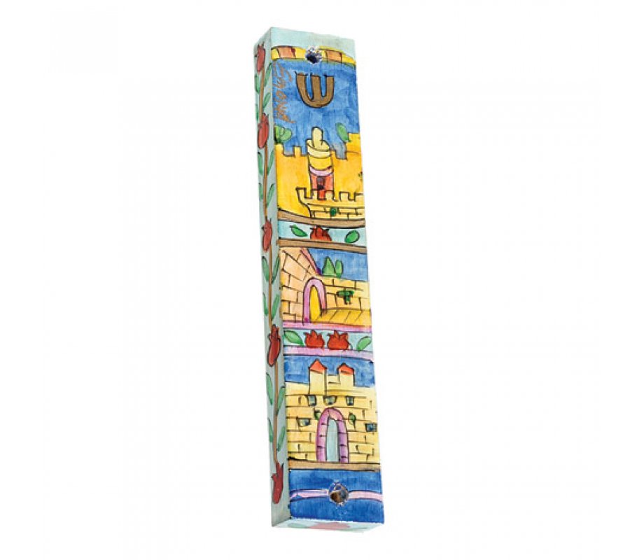 Yair Emanuel Large Hand Painted Wood Mezuzah - Jerusalem Gates
