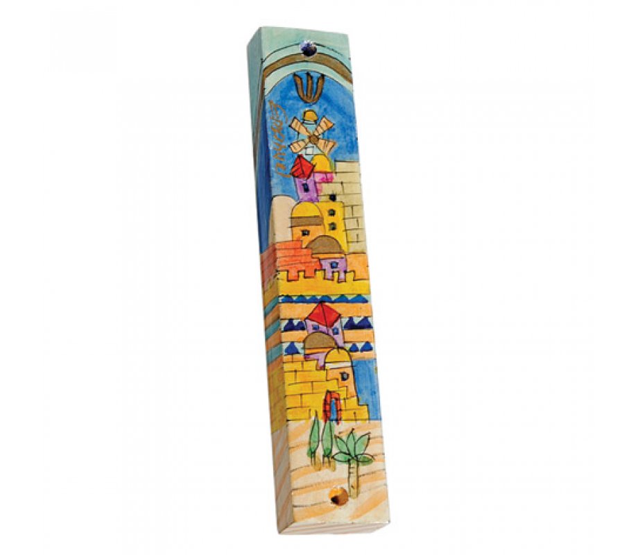 Yair Emanuel Large Hand Painted Wood Mezuzah - Jerusalem of Gold