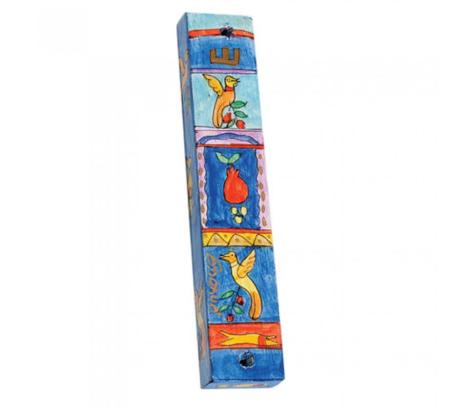 Yair Emanuel Large Hand Painted Wood Mezuzah Case - Birds and Pomegranates